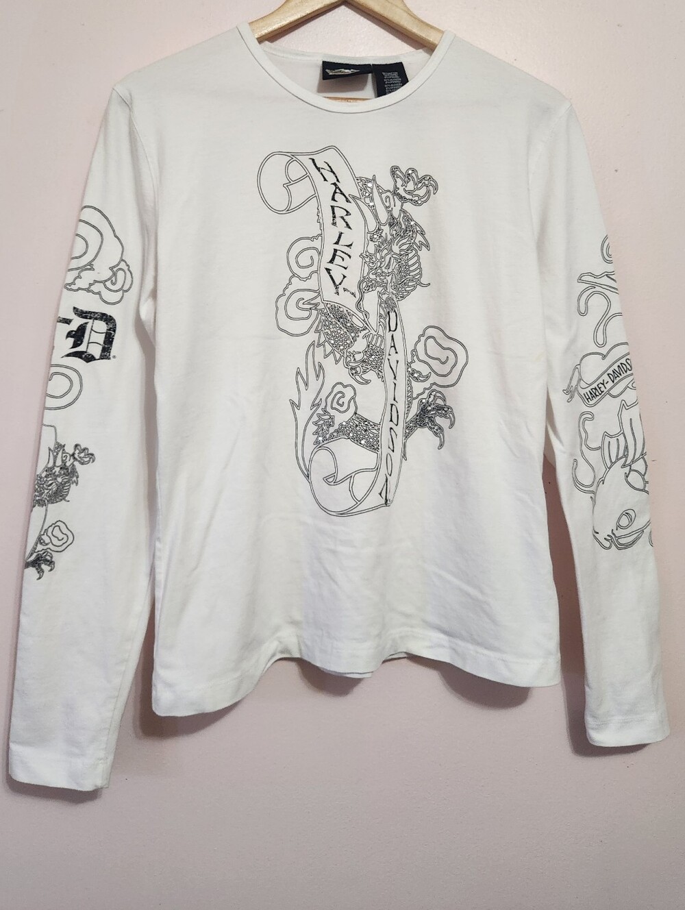 Vintage Y2K Harley-Davidson Dragon Koi Tattoo Rhinestone Long Sleeve Shirt L